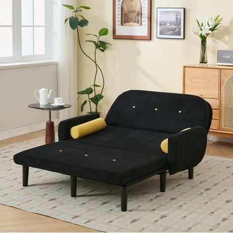Sofá multiforma de pana negro con estructura de metal, respaldo ajustable, 2 cojines redondos y montaje desmontable (1/5)