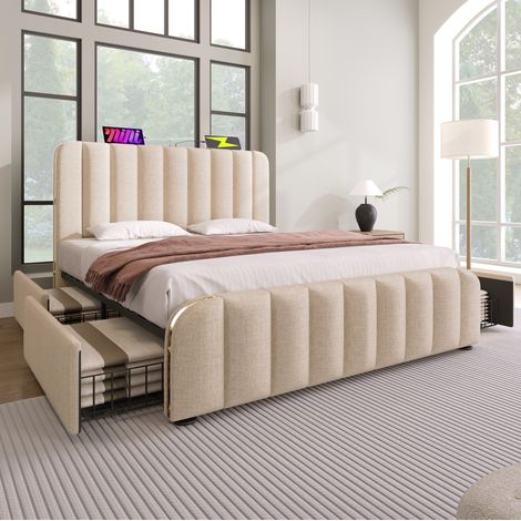 Letto matrimoniale imbottito moderno 160x200 cm in lino beige con testiera USB/Type-C, 4 cassetti, rete a doghe (1/5)