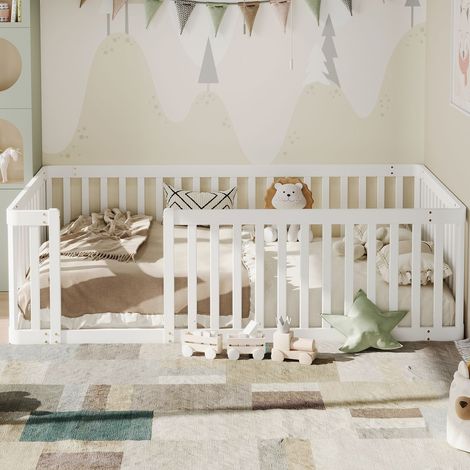 Lit Enfant 90 x 200 cm cadre en bois Lit Simple barrière de protection blanc (1/5)
