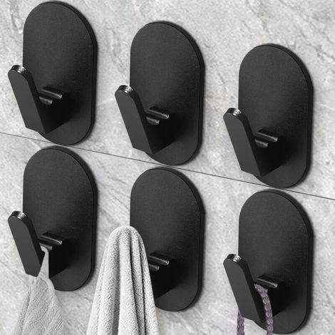 Crochets à serviettes pour suspendre des crochets muraux robustes à coller sur la salle de bain, la cuisine, la porte en verre, le carrelage, le miroir, sans outils, porte-peignoir noir mat (paquet de (1/4)