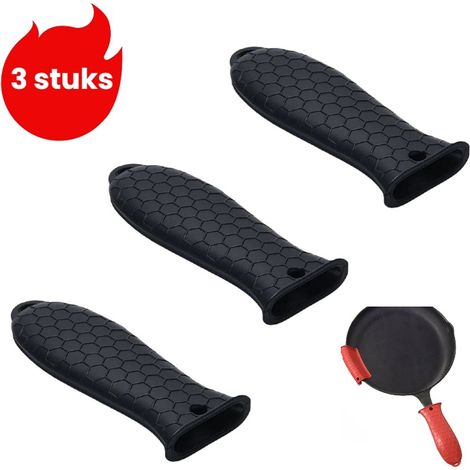 Ensemble de 3 pièces - Protège-poignées en silicone isolant et antidérapant pour poêles - Protection anti-brûlure - Protège-poignée en silicone - Noir (1/5)