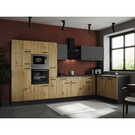 Küche Küchenzeile Winkelküche Grau Matt Artisan Eiche Oliver 370x172 cm Respekta