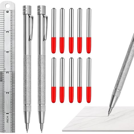 13 aghi per marcatura, 2 aghi in acciaio al tungsteno con 10 punte di ricambio e un righello in acciaio da 15 cm, per marcare e incidere metallo, vetro e piastrelle in ceramica.
