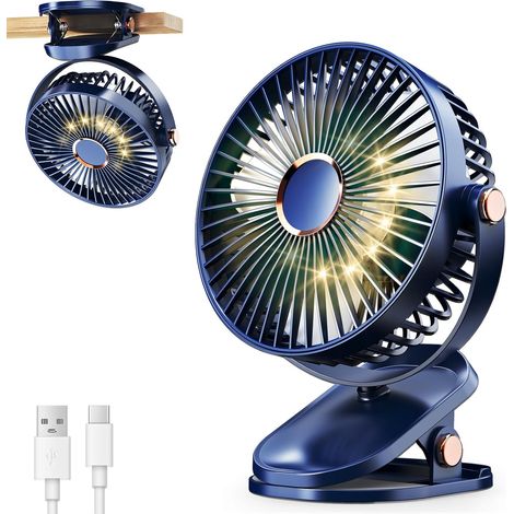 Ventilateur portable à pince, ventilateur de bureau USB, ventilateur personnel avec lumière LED pour la maison et la poussette (bleu)