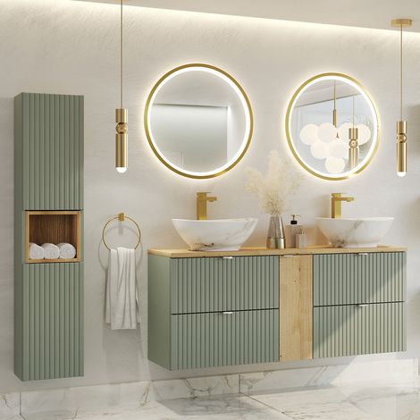 Conjunto de muebles con lavabo doble 140cm 4 cajones espejos LED y columna Jade Verde y Madera (1/4)