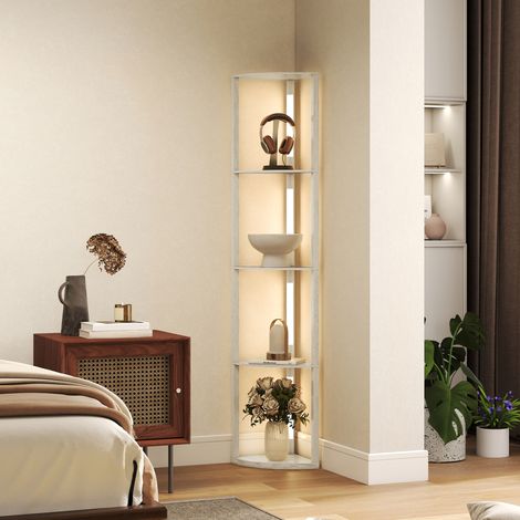 Lampadaire LED - étagère d’angle - chêne - 4 étagères - lumière blanche chaude - 41x30x164cm - réglable - Moderne