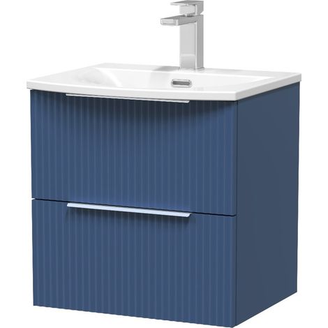 Hudson Reed Fluted Satin Blue 500mm Wall Hung 2 Drawer Vanity Unit and Curved Ceramic Basin - DFF392G (1/2)