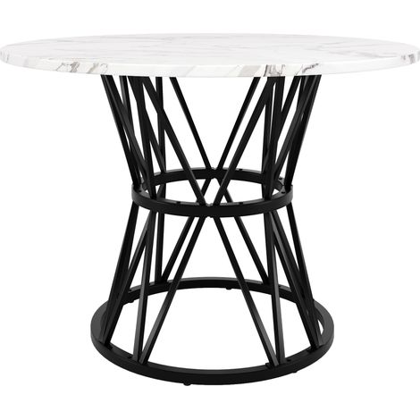 Table à manger ronde 100x100x76cm avec plateau MDF imitation marbre noir et pieds en métal (1/5)