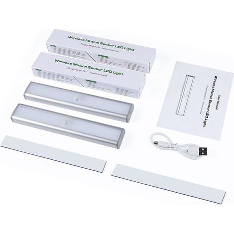 Lot de 2 lampes de placard à détecteur de mouvement, rechargeables par USB, 20 LED, fixation magnétique amovible, lumière blanc chaud, pour placard, armoire, tiroir. (1/2)