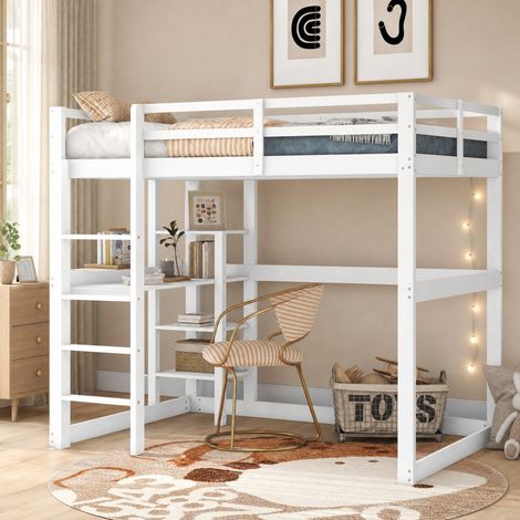 Letto a soppalco per bambini 140x200 cm in legno bianco con scrivania e vani