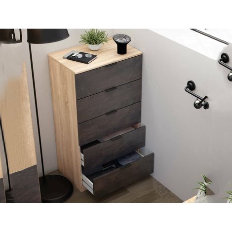 Cassettiera Armenia, Settimanale a 5 cassetti, Mobile Comò per camera da letto, Settimanale moderno, 60x40h110 cm, Rovere e Antracite