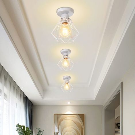 3 Pcs Plafonnier Rétro Industriel Lampe de Plafond en Cage Diamant E27 Luminaire en Métal pour Couloir Escalier Chambre Salon Blanc (1/5)