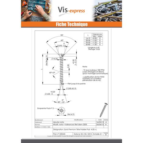 VBA Vis bois agglo Premium Tête fraisée Pozi N°2 4.5X35 Bichromaté-1 pièce