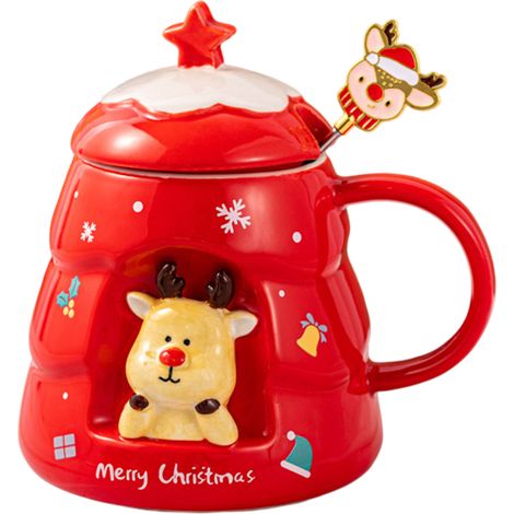 1 tasse de Noël, motif dessin animé, céramique, avec couvercle et cuillère, coffret cadeau (1/5)