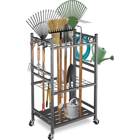 Organisateur d'outils de Jardin 40 Emplacements et 6 Crochets, Support Rangement Outils pour Jardin en Carbone, 423080cm, Étagère de Rangement pour Garage Pelouse Abri Balai Pelle Râteau (1/5)