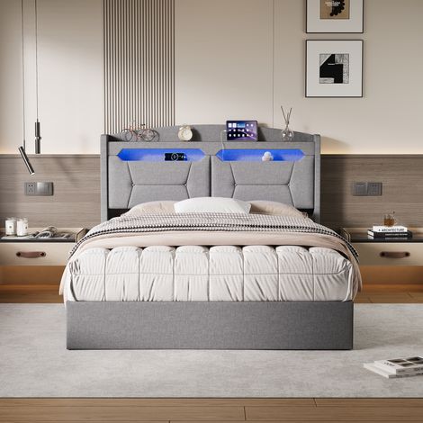 JOOKGBD-Polsterbett Doppelbett 140x200 cm,Bett,Jugendbett,LED und USB Hydraulisch Stauraumbett mit Bettkasten,Funktionsbett Bettgestell mit Kopfteil und Lattenrost,Linen,Ohne Matratze,Hellgrau