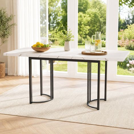 Mesa de comedor extensible 140-179,5/80/75,5 cm, efecto mármol blanco con estructura metálica negra (1/5)