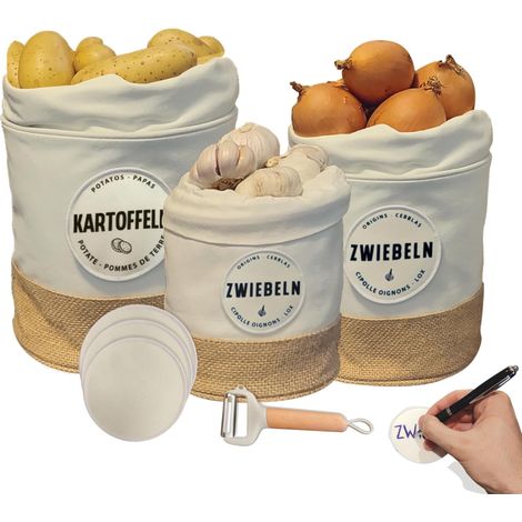 Nachhaltige Aufbewahrungsbox 3er Set beschriftete Stoffbehälter Vintage Korb mit Leinenbeutel und Kartoffelschäler Weiß (1/5)
