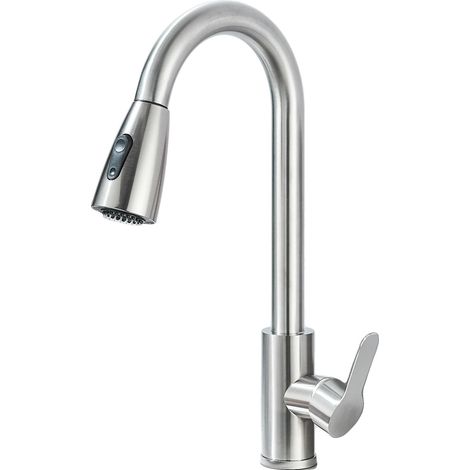 Grifo de cocina con caño flexible retráctil, función de rociado giratorio y acabado en níquel cepillado. (1/2)