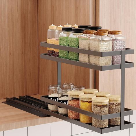 Rangement Epices Cuisine Coulissant, 2 étages Métal Etagere A Epices, Porte Epice Cuisine, étagère à épices Pas De Perçage, Spice Rack(1 Pièces, Noir) (1/5)