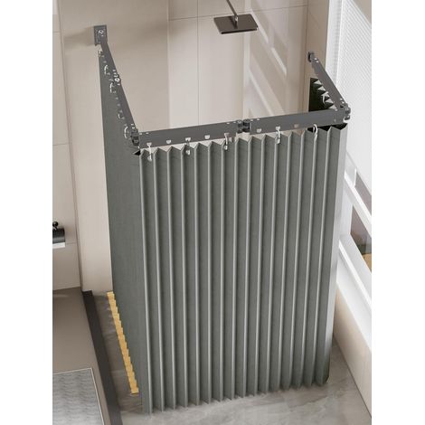 Tringle Rideau Douche Sans Perçage, Pliable 2m, avec Rideau de Douche 1,8×2m, Tringle à 5 Plis et Barre Télescopique 25,5 cm, pour Salle de Bain, Vestiaires, Camping-cars (Gris) (1/5)