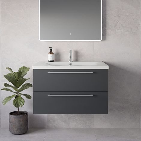 Napoli 460 Gloss Grey 800mm Wall Mounted 2 Drawer Vanity Unit with Glide Basin - 800mm - Chrome 480mm Handle