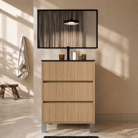 Mueble de baño 50cm roble 3 cajones Lavabo negro Espejo 50x70 marco negro (1/5)