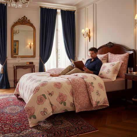 Parure de lit 4 pièces Rose poudré et motif floral botanique 100 % satin de coton Housse de couette réversible 200 x 220 cm Drap plat 200 x 230 cm 2 taies d'oreiller 70 x 80 cm (1/5)
