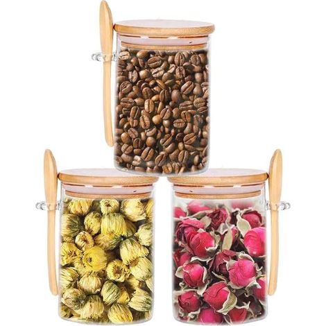 Set di 3 barattoli per la conservazione con coperchio ermetico e cucchiaio, barattolo per fiocchi d'avena da 600 ml, adatto per conservare caffè/tè/zucchero/spezie, color legno.