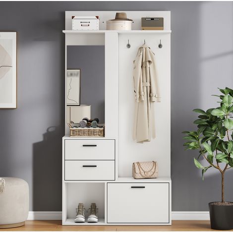 Garderobenständer, Kleiderständer, Schuhbank, Garderobe, 2 Schubladen,3 Haken für Jacken, Hüte, Ein Glasspiegel, daneben drei Regalböden, Flur, Schlafzimmer, Wohnzimmer, 90x30x180cm,weiß (1/5)