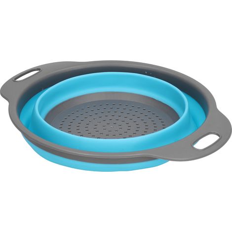 Égouttoir rond pliable en silicone pour fruits et légumes avec poignée, bleu, grand format. (1/5)