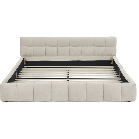 Letto matrimoniale 160 x 200 cm in ciniglia beige con telaio in legno di eucalipto e ferro (1/5)