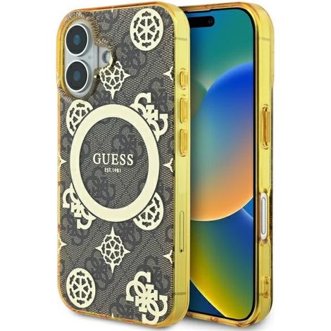 Guess MagSafe Braune Hartschalen-iPhone-16-Hülle mit Pfingstrosenmuster (1/5)