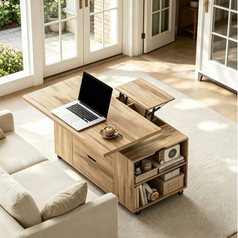 OKWISH Mesa de centro elevable con ruedas, cajón y almacenaje, roble claro, 100 x 50,5 x 53 cm (1/5)