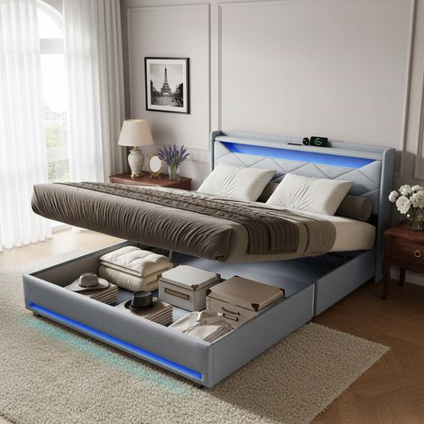 Stauraumbett 140 × 200 cm mit LED-Beleuchtung und USB-Anschluss am Kopfteil, Metallrahmen und Bettkasten, nordischer Stil, ohne Matratze, Grau (1/5)