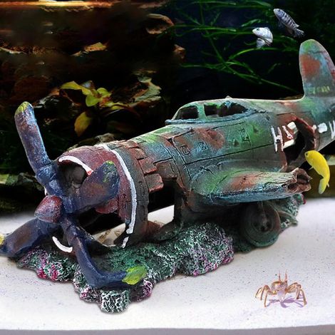 Decoración para acuario, casita de poliresina, adorno para pecera de resina no tóxica, decoración de cueva con forma de avión roto, hábitat para acuario de poliresina. (1/5)