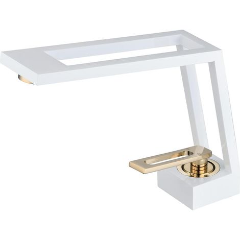 Grifo De Baño MINKUROW, Grifo Mezclador De Lavabo De Latón, Grifos De Lavabo De Diseño Creativo, Grifo De Lavabo Moderno, Blanco Y Dorado, Ajustable En Frío Y Caliente (1/5)