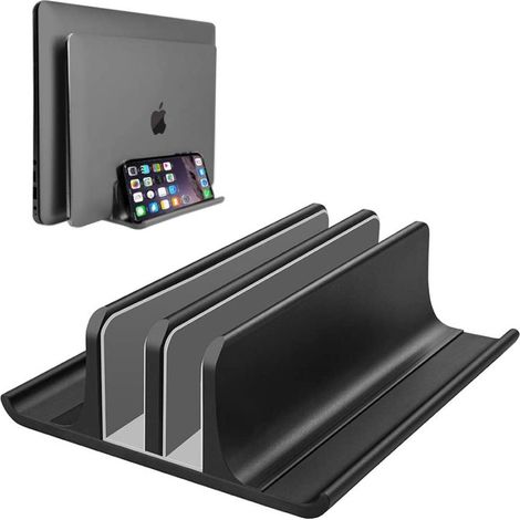 Support vertical double réglable pour ordinateur portable, nouveau modèle à 2 emplacements, en aluminium, compatible avec tous les MacBook/Chromebook/Surface/Dell/iPad jusqu'à 17,3 pouces - Noir (1/5)
