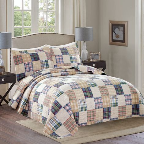 Parure de lit réversible à Carreaux Beige pour très Grand lit, Couvre-lit Doux et léger pour Toutes Les Saisons, 1 Couette et 2 taies d'oreiller (1/5)
