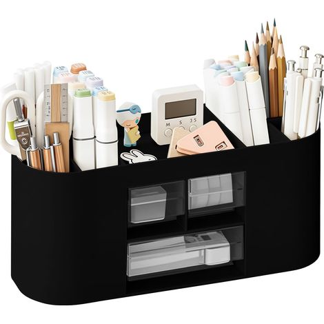 Boîte de rangement pour porte-stylos,10 compartiments (noir) Grande capacité organiseur de bureau,tiroir transparent double couche,peut contenir des crayons,divers articles de papeterie (1/5)