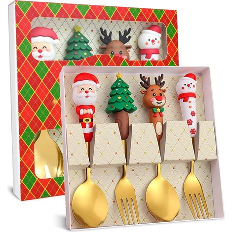 Weihnachtsgeschirr Set, Adventskalender Füllung Kinder, Nikolaus Geschenke Kinder, Weihnachtslöffel Tafelgabeln, Kaffee-Rührlöffel,Teelöffel, Dessertgabeln, mit Geschenkverpackung (1/5)