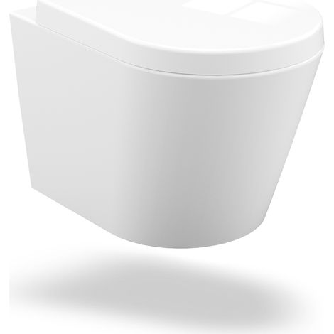 Weißes randloses Hänge-WC 360° leise 42dB Superspülung Soft-Close Quick-Release Sitz Keramik 400 kg 4-6L sparsam - D-Form klein, Vollrand,UF (1/5)