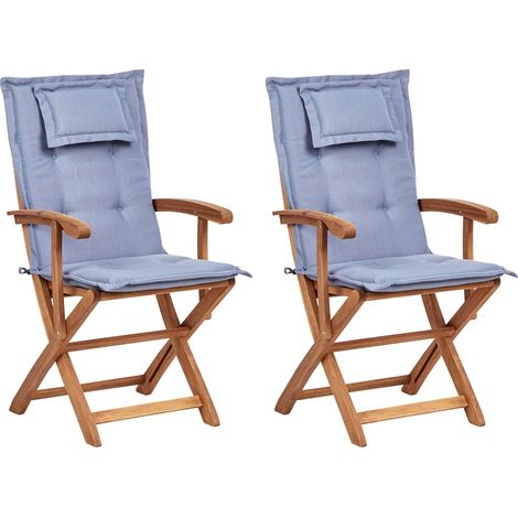Set of 2 Garden Chairs with Cushions MAUI II Acacia Wood Blue (1/5)