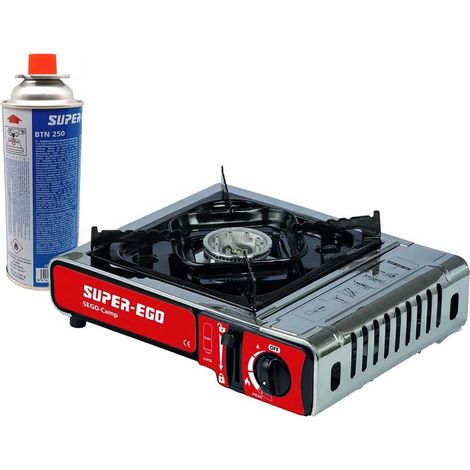 Cocina portátil de gas butano para camping SUPER-EGO (Incluye 1 botella de gas)