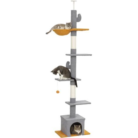 royaluxe -Arbre à chat, hauteur 275 cm, 6 niveaux pour chat d'intérieur, du sol au plafond, avec plate-formes, niche, gris clair (1/5)