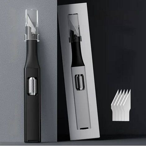Das stiftförmige DIY-Schnitzmesser mit Aluminiumgriff wird mit 5 hufeisenförmigen künstlichen Klingen geliefert, die Sie selbst austauschen können. (1/5)