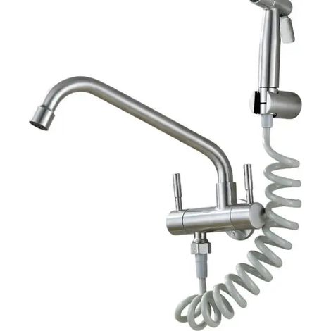 (304 SUS 2) Robinet de cuisine en acier inoxydable 304 nickelé, robinet encastré avec douchette et bidet, double commande, double robinet XT-181 (1/5)