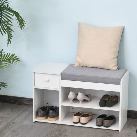Banc à Chaussures avec Coussin, Tiroir et 3 Compartiments Ouverts en Bois, 81x31.5x49cm, Blanc (1/5)