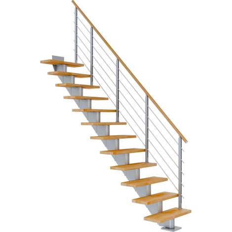 Dolle Mittelholmtreppe Hamburg Gerade Buche, geölt 75 cm breit für Geschosshöhen 222 – 258 cm UK Metall Perlgrau inkl. einseitigem Designgeländer