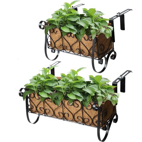 Panier de fleurs en fer à suspendre avec crochets, balustrade pour pots de fleurs, étagère décorative en métal noir pour extérieur, jardin, balcon, clôture, terrasse (1/5)